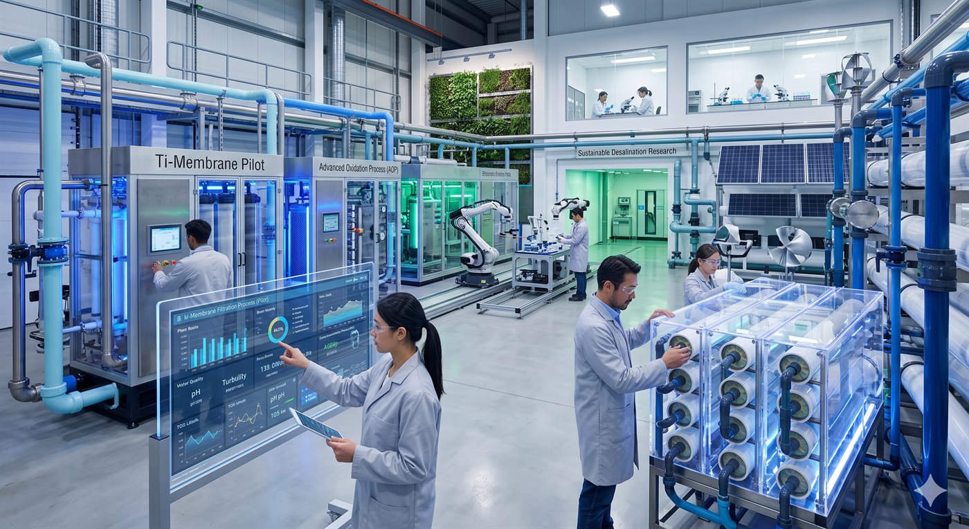 NanoSun water-technology pilot facility with researchers, membranes and data dashboards